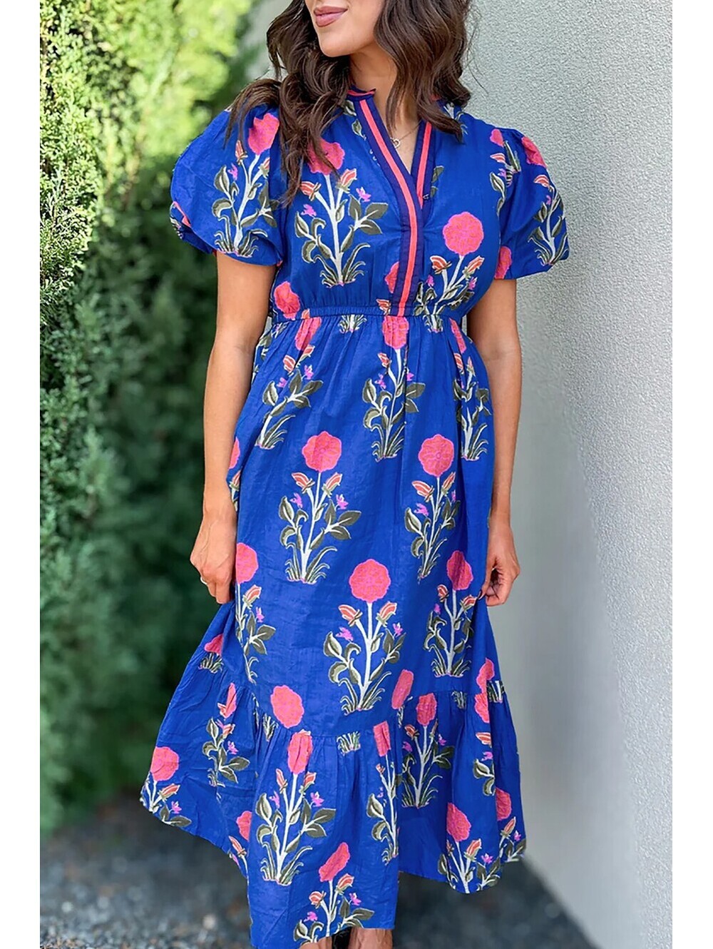 Blue Floral Puff Sleeve Midi Dress with Elastic Waist